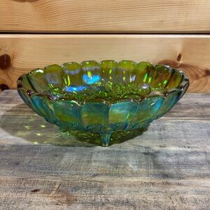 Vintage Indiana Glass Iridescent Green Carnival Glass Bowl